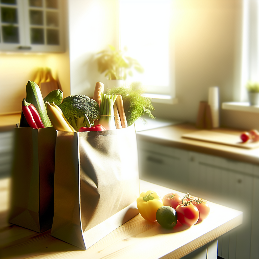 Fresh groceries organized on kitchen counter